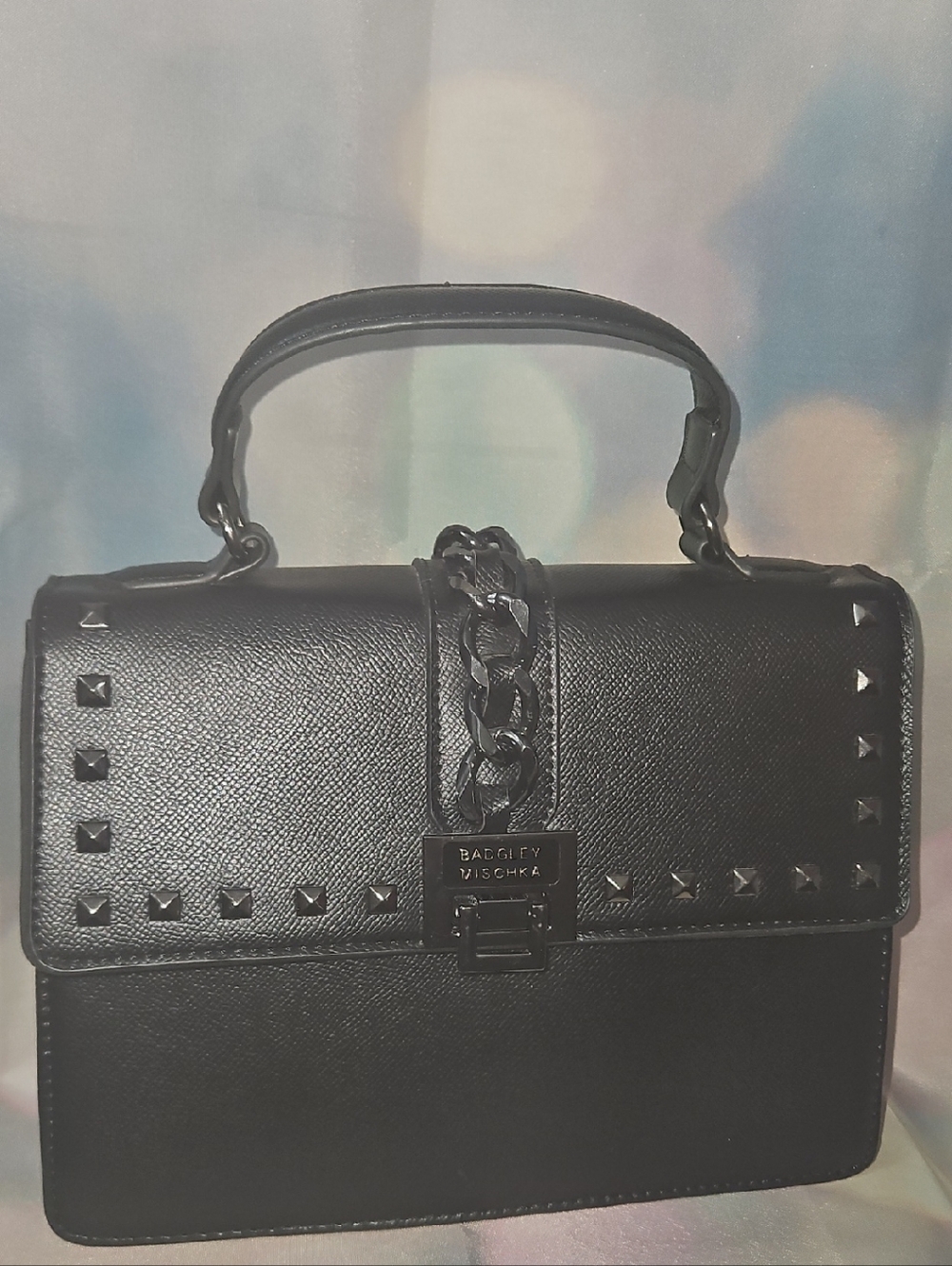 Badgley Mischka Black Studded Top-Handle Shoulder Bag, Chain Accent w/ CC Holder